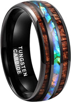 8mm Hawaiian Koa Wood Black Tungsten Carbide Rings Dome Double Grooved Abalone Shell Wedding Bands for Men Women Comfort Fit Size 5-14