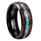 8mm Hawaiian Koa Wood Black Tungsten Carbide Rings Dome Double Grooved Abalone Shell Wedding Bands for Men Women Comfort Fit Size 5-14
