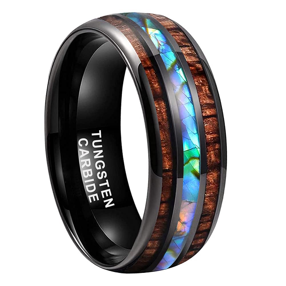 8mm Hawaiian Koa Wood Black Tungsten Carbide Rings Dome Double Grooved Abalone Shell Wedding Bands for Men Women Comfort Fit Size 5-14