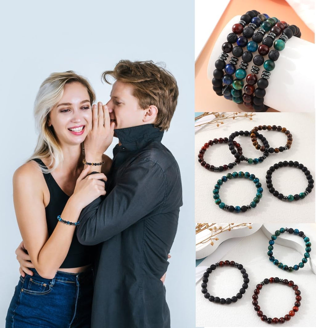 MOZAKA 12Pcs 8mm Natural Stone Lava Rock Beaded Bracelets for Men Women Tiger Eye Hematite Black Onyx Matte Beads Essential Oil Diffuser Lava Stone Bead Bracelets Bulk