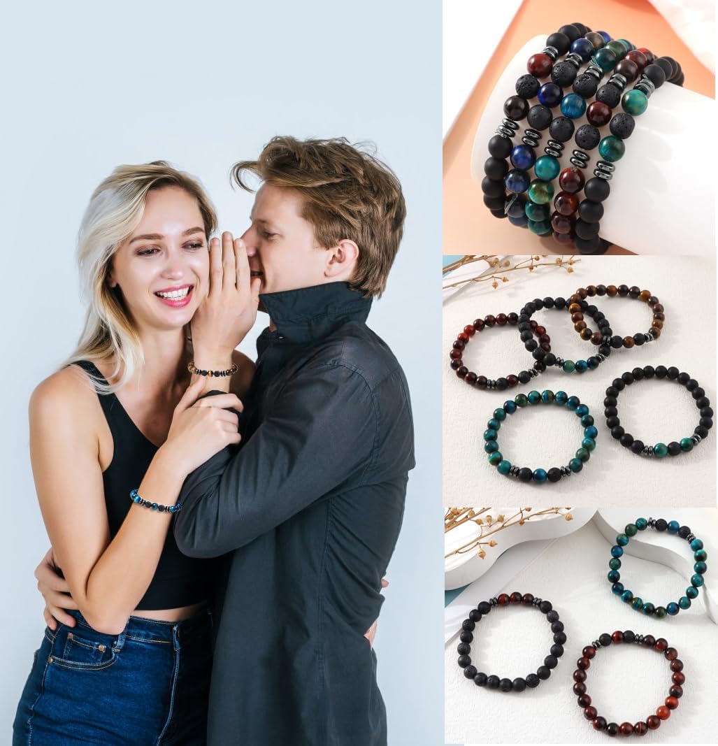 MOZAKA 12Pcs 8mm Natural Stone Lava Rock Beaded Bracelets for Men Women Tiger Eye Hematite Black Onyx Matte Beads Essential Oil Diffuser Lava Stone Bead Bracelets Bulk