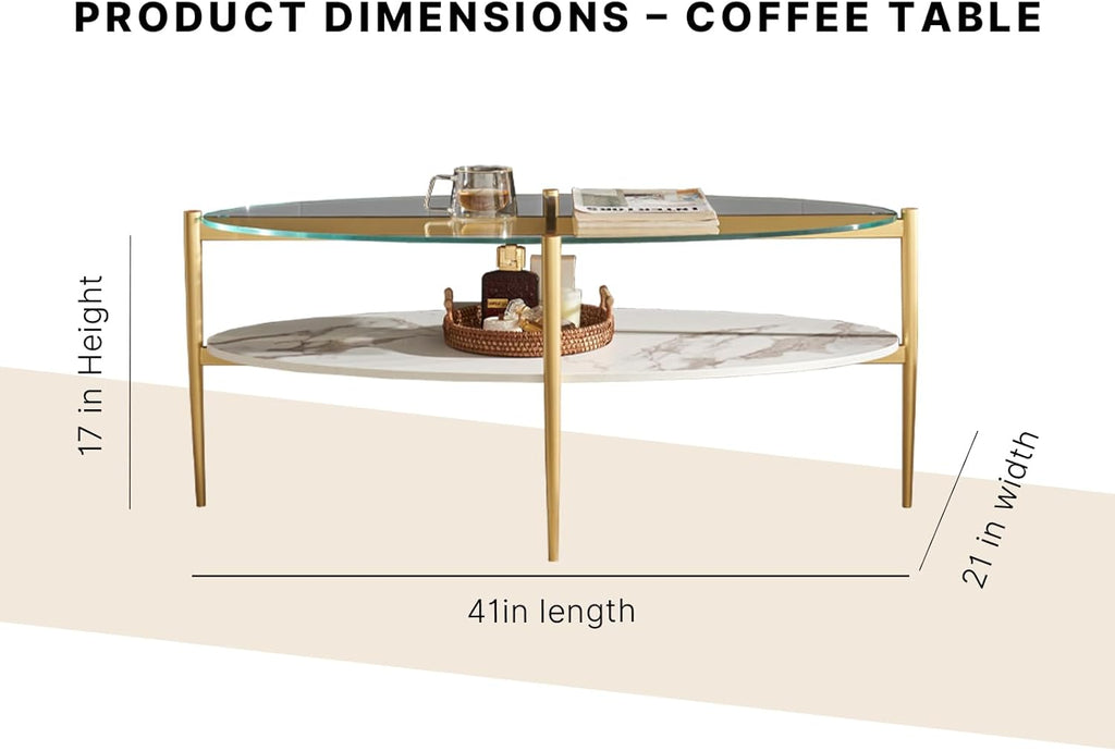 Shrine Oval Coffee Table, Mid-Century Modern Design, 2-Tier Structure, Clear Glass Top and White MDF Shelf, 47" D x 21" W x 17" H, Sleek Conical Metal Legs with Gold Finish