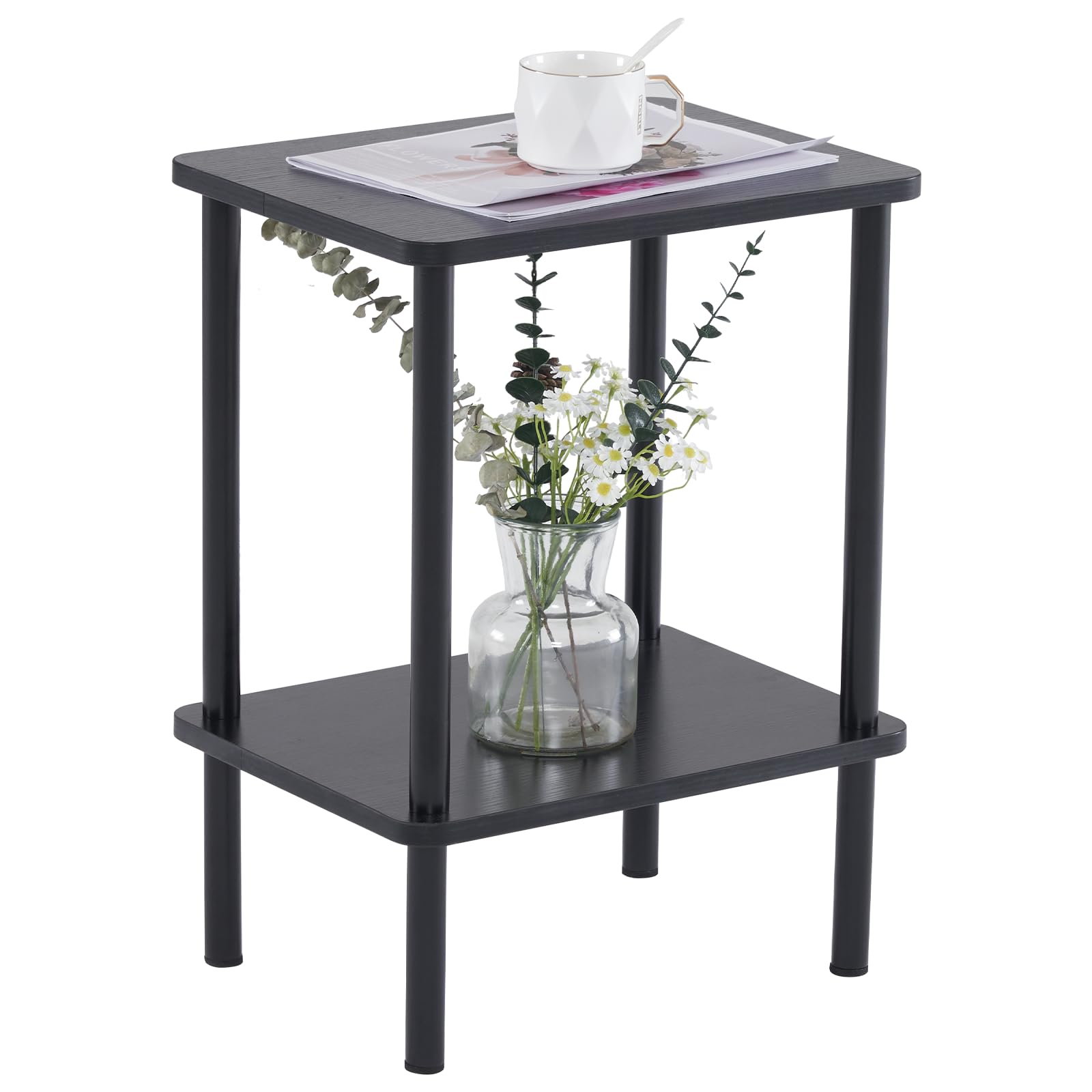 Apicizon 2 Tier End Table, Small Side Table with Solid Wood Legs, Boho Bedside Table with Storage Shelf, Nightstand for Small Spaces, Bedroom, Living Room, Entryway, Farmhouse, Easy Assembly, Natural