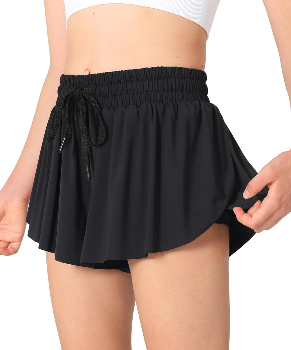 AIOIC Pige Sommerfugl Shorts Børns Flydende Shorts 2-i-1 Pige Sommerfugl Nederdele med Lomme Sort