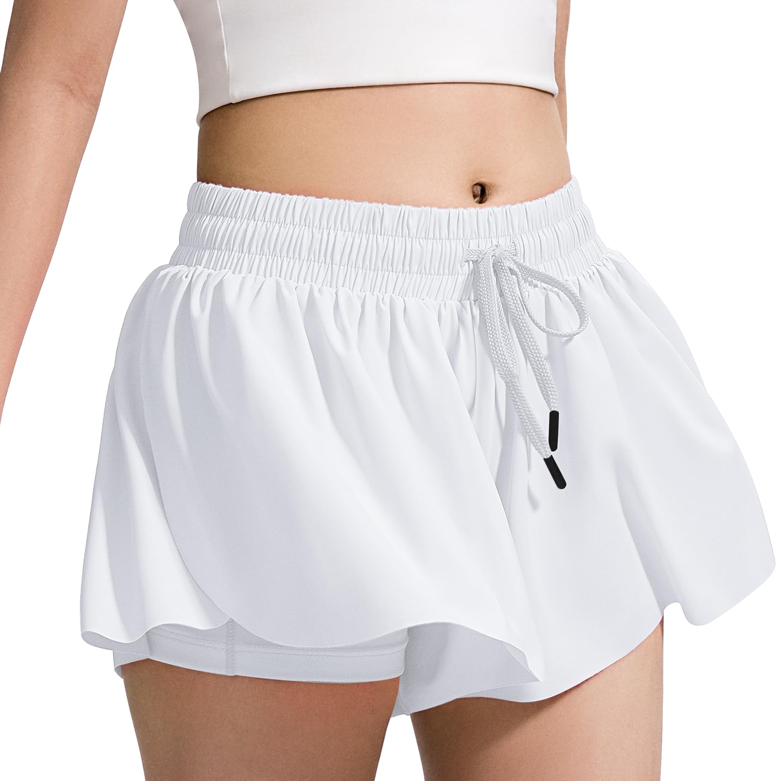 BOOPH Girls Flowy Shorts Athletic Butterfly Shorts Girls with Inner Pockets for Running Tennis White 9-10Y