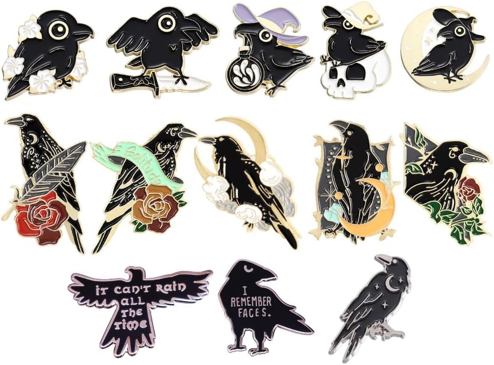 Crow Pins 13PC Black Raven Enamel Pins Set Lapel Brooch Button Jewlery Cute Crows Themed Stuff for Women Backpack Hat Bag Gothic Goth Spooky Witchy Horror Skull Flower Accessories Decoration