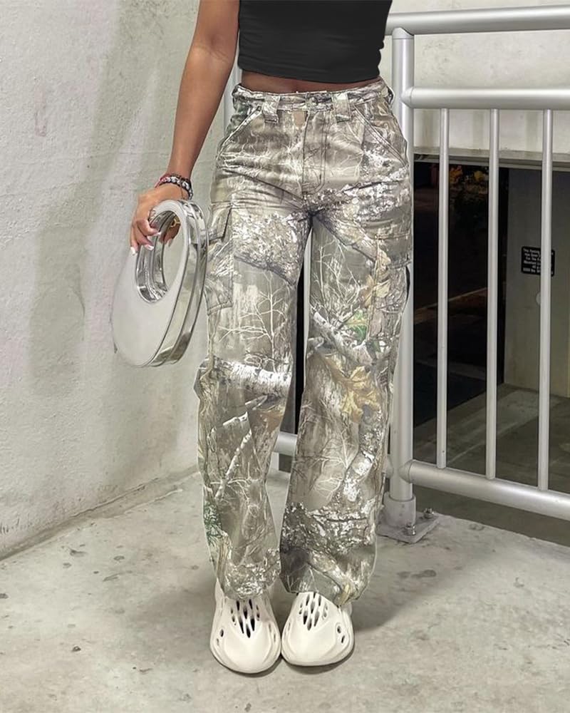 LaurelTree Camo Cargo Pants Straight Wide Leg Trousers Jeans Joggers Sweatpants with Pockets Stretch Fabric Women Men Camo 03 S