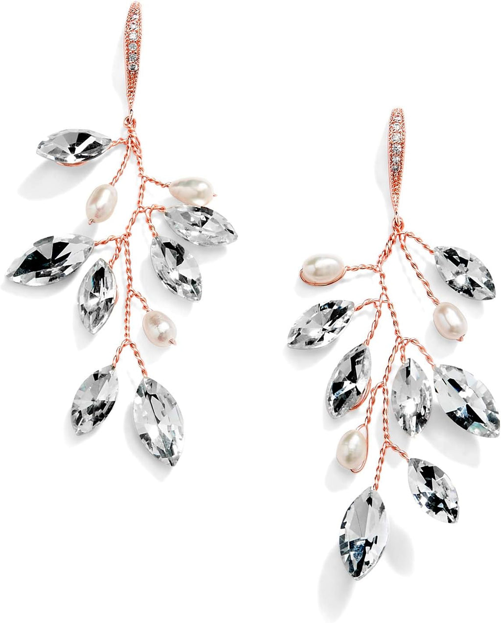 Mariell Bridal and Wedding Rose Gold Handmade Dangle Earrings, Crystal Gems and Petite Freshwater Pearls