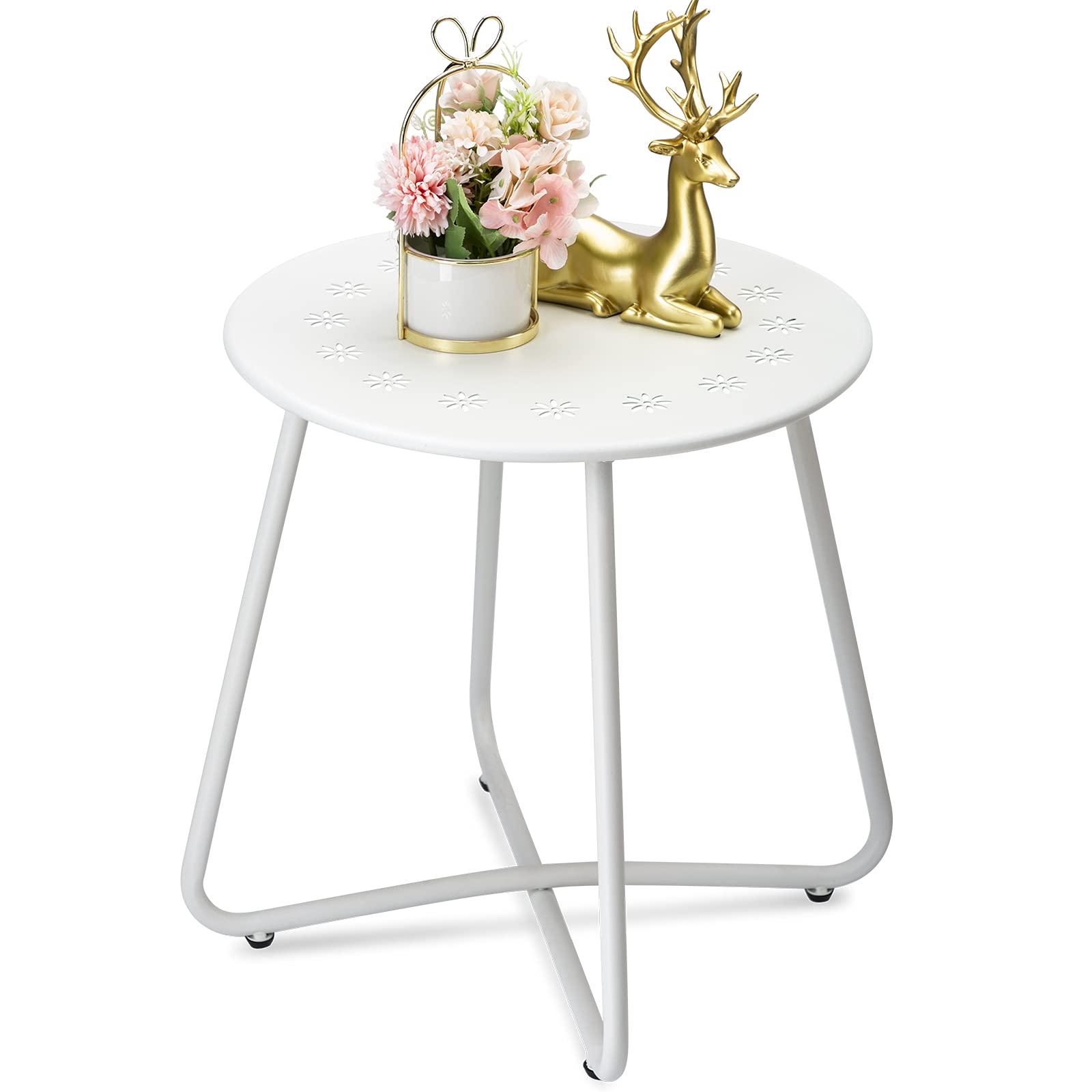 danpinera Outdoor Side Tables with Flower Cut Outs, Weather Resistant Steel Patio Side Table, Small Round Outdoor End Table Metal Side Table for Patio Yard Balcony Garden Navy Blue
