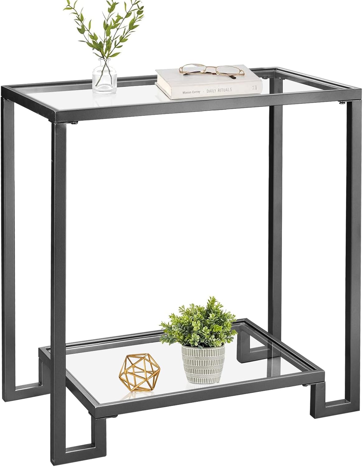 2 Tier Rectangular Side Table, Black End Table with Glass Top, Modern Metal Clear Coffee Tables，Small Accent Tables for Living Room, Bedroom, 22" x 12.4" x 24"