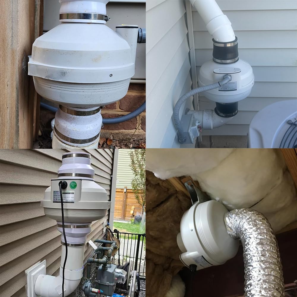 4 inch Radon Fan Installation Kit -Inline Centrifugal Fan with Rubber Couplers (4 inch x 3 inch) and Air Pressure Indicator