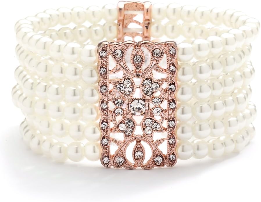 Mariell Ivory Pearl and Rose Gold Crystal Stretch Cuff Bracelet, Medium Size 6" to 7" Fits Most Wrists, Simulated Pearls,Vintage Design Bracelet for Brides, Weddings, Mother of The Bride