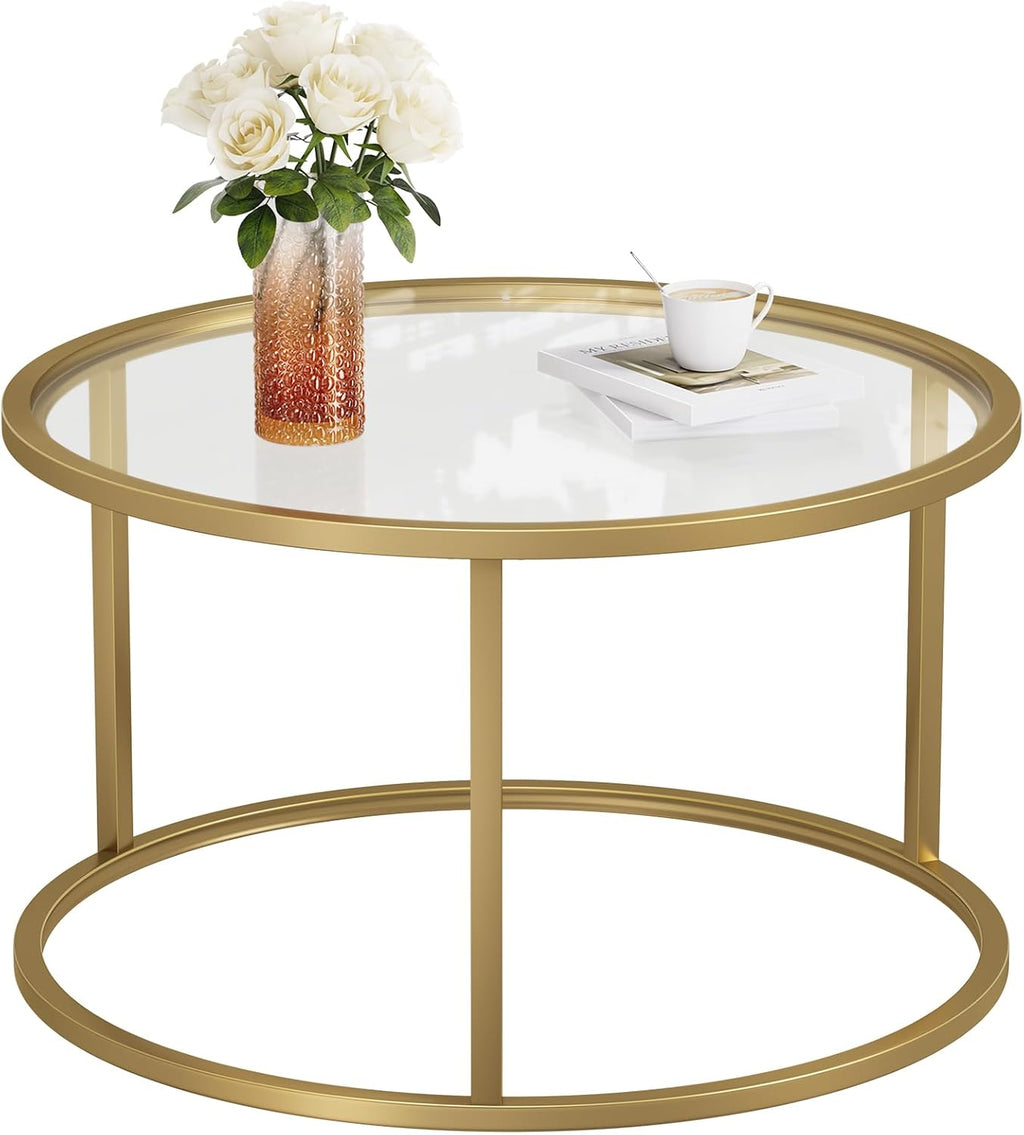 SAYGOER Small Glass Coffee Table Round Gold Coffee Table for Small Space Modern Simple Center Table with Gold Frame for Living Room Home Office, Easy Assembly