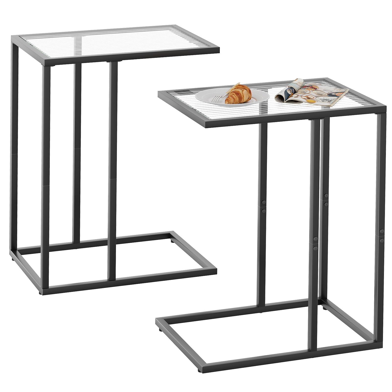 C Table Glass End Table, Couch Side Table, Tempered Glass Snack Side Table with Metal Frame, TV Tray Table for Small Space, Sofa Couch Side Tableand Bed Side Table(Black)