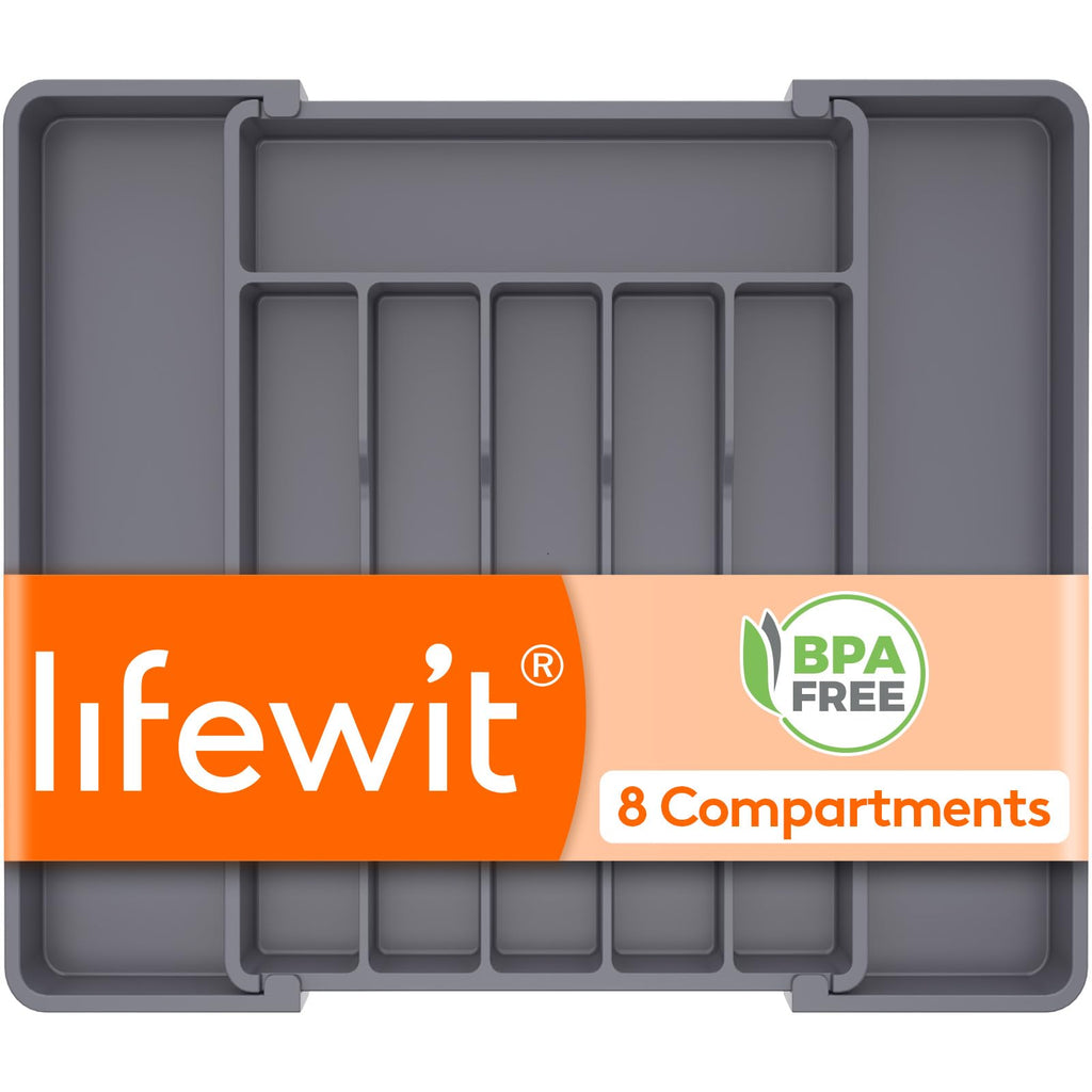 Lifewit Silverware Drawer Organizer, Expandable Utensil Tray for Kitchen, BPA Free Flatware and Cutlery Holder, Adjustable Plastic Storage for Spoons Forks Knives, 8.5-14 x 12", Black