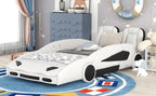 Lit plateforme en forme de voiture de course taille jumeau avec roues, blanc, Harper & Bright Designs