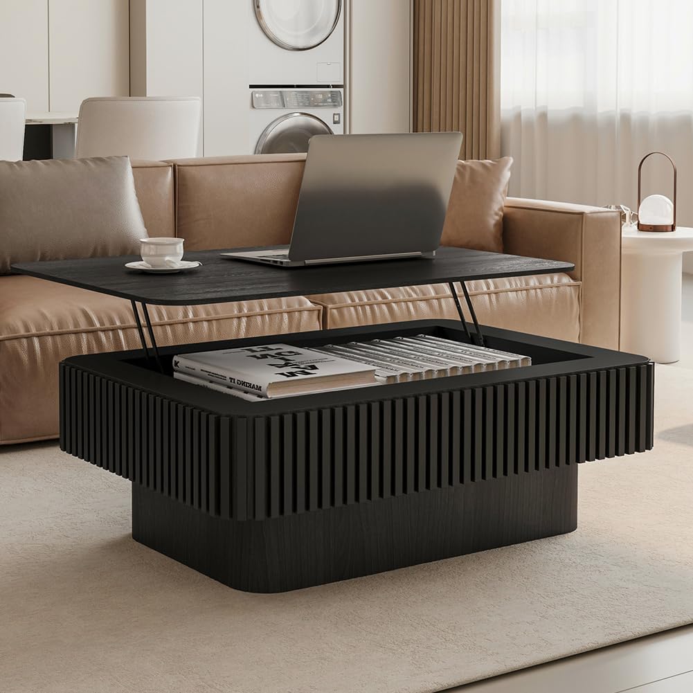 Lift Top Coffee Table with Storage for Living Room Mid Century Modern Coffee Table with Lifting Top Wood Fluted Coffee Tables with Lifts Up Tabletop for Home Apartment Office 38.6" Walnut Rectangle