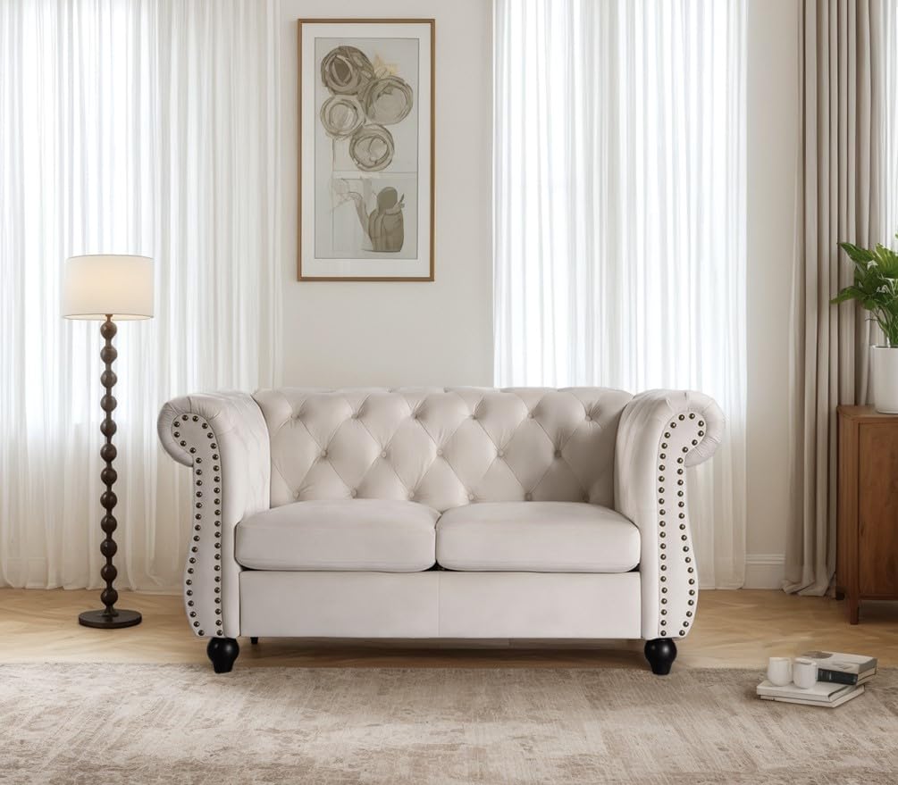 Container Furniture Velvet Chesterfield Couch, Button-Tufted Backrest, Rolled Arms, High-Density Foam with Spring Support, Elegant Accent Piece, Sofa, Dark Blue