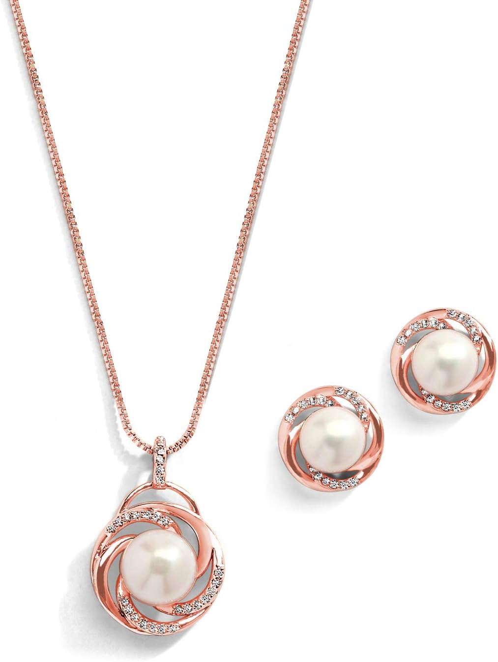 Mariell Freshwater Pearl Rose Gold Wedding Necklace Earrings Set for Brides, Bridesmaids, Jewelry Gift