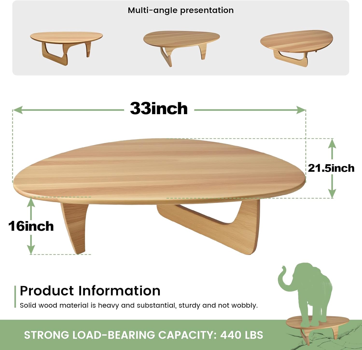 Solid Wooden Modern Triangle Coffee Table: Unique Funky Coffee Tables for Living Room, Oval Mid-Century Irregular Abstract Tea Tables for Patio Office Balcony Bedroom (Natural, 33" L x 22" W x 16" H)