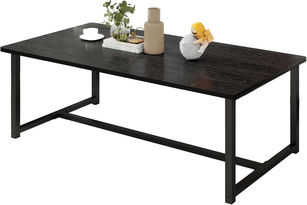 Black Coffee Table Rectangular Center Table for Living Room Open Space Side Table with Metal Frame, Easy Assembly,Wood Coffee Table