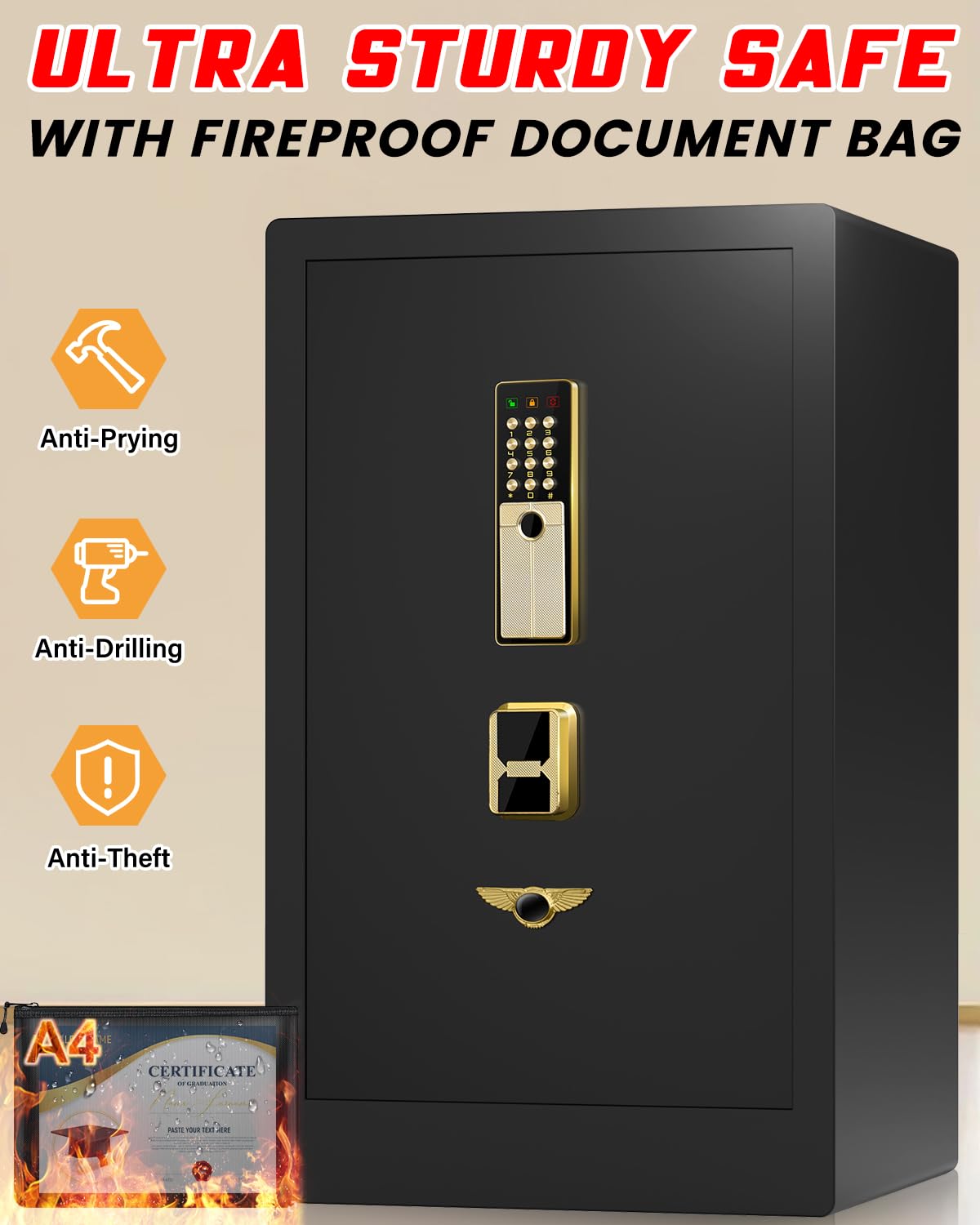 8,0 Cuft Schwerlast feuerfester Safe für Zuhause, extra großer Safe feuerfest und wasserdicht, einbruchsicherer Haussafe mit Doppelalarmen, versteckter Bodenschlossbox, sicherer digitaler Safe für das Büro