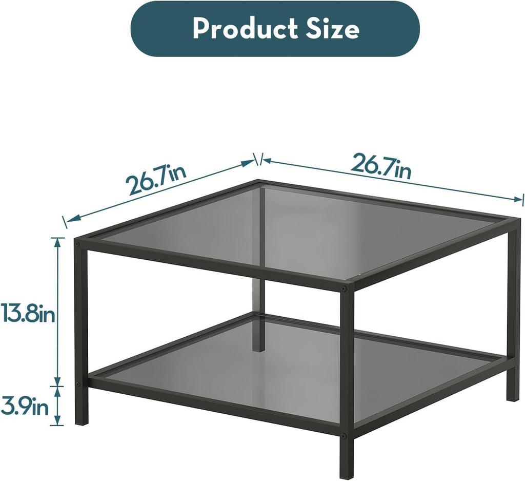 SAYGOER Modern Coffee Table Small Glass Coffee Table with Storage 2-Tier Simple Square Center Table for Living Room Home Office Sofa Table with Metal Frame 26.7 x 26.7 x 17.7 Inches, Gray Black