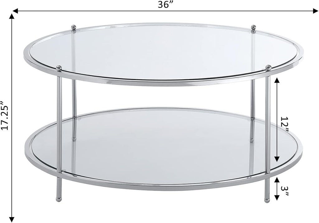 Convenience Concepts Royal Crest 2 Tier Round Glass Coffee Table, Clear Glass / Chrome Frame