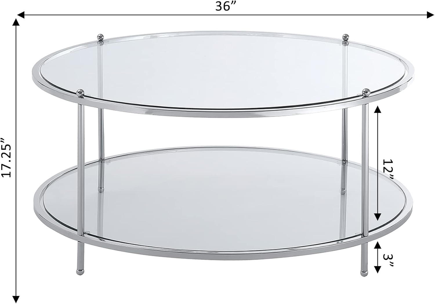 Convenience Concepts Royal Crest 2 Tier Round Glass Coffee Table, Clear Glass / Chrome Frame