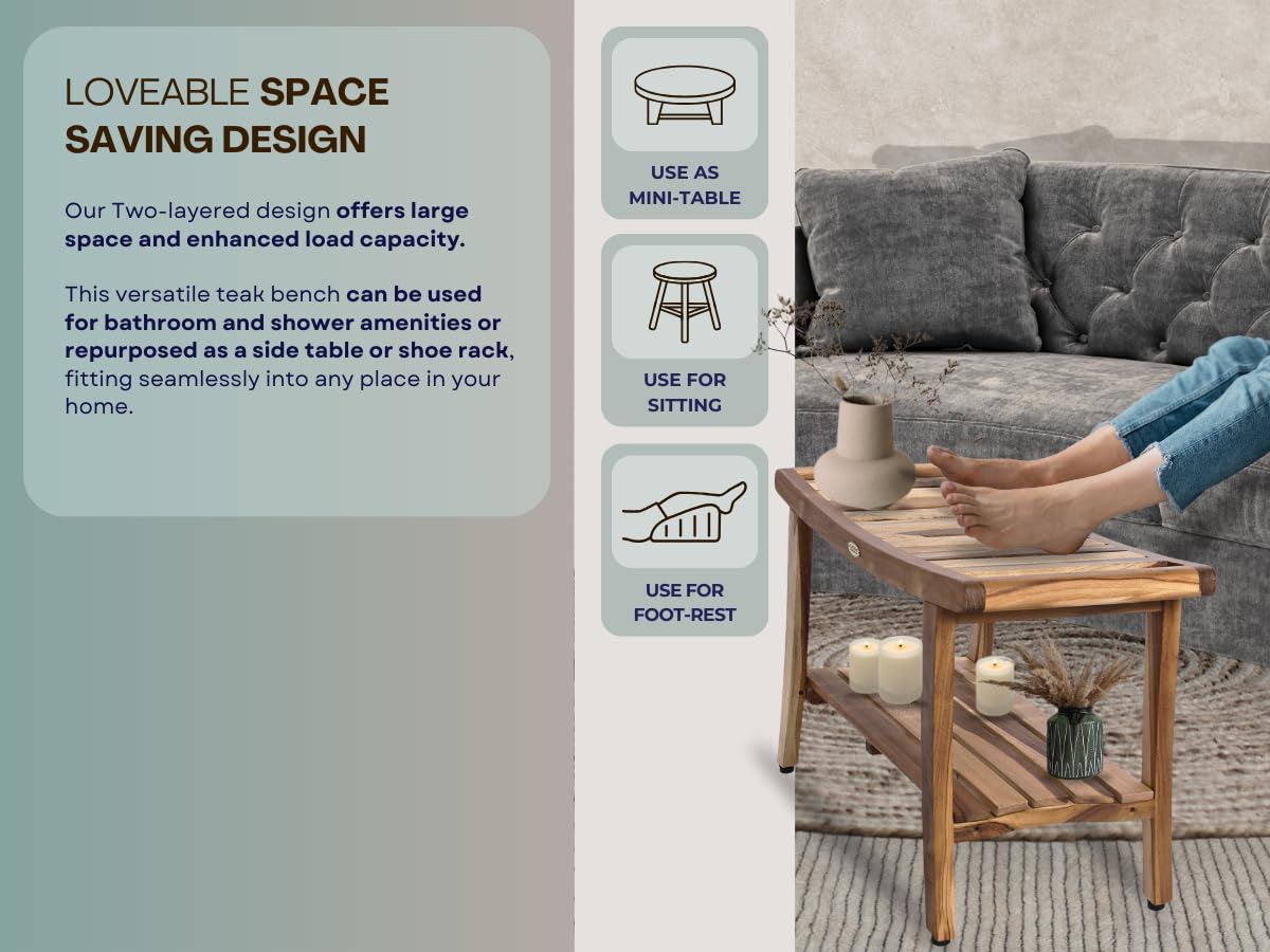 EcoDecors 30 Inch Harmony Natural Color Waterproof Teak Wood Shower Bench Stool Seat Chair For Inside Shower Storage Shelf Provides Safety, Storage, and Organization For Bathroom Accessories