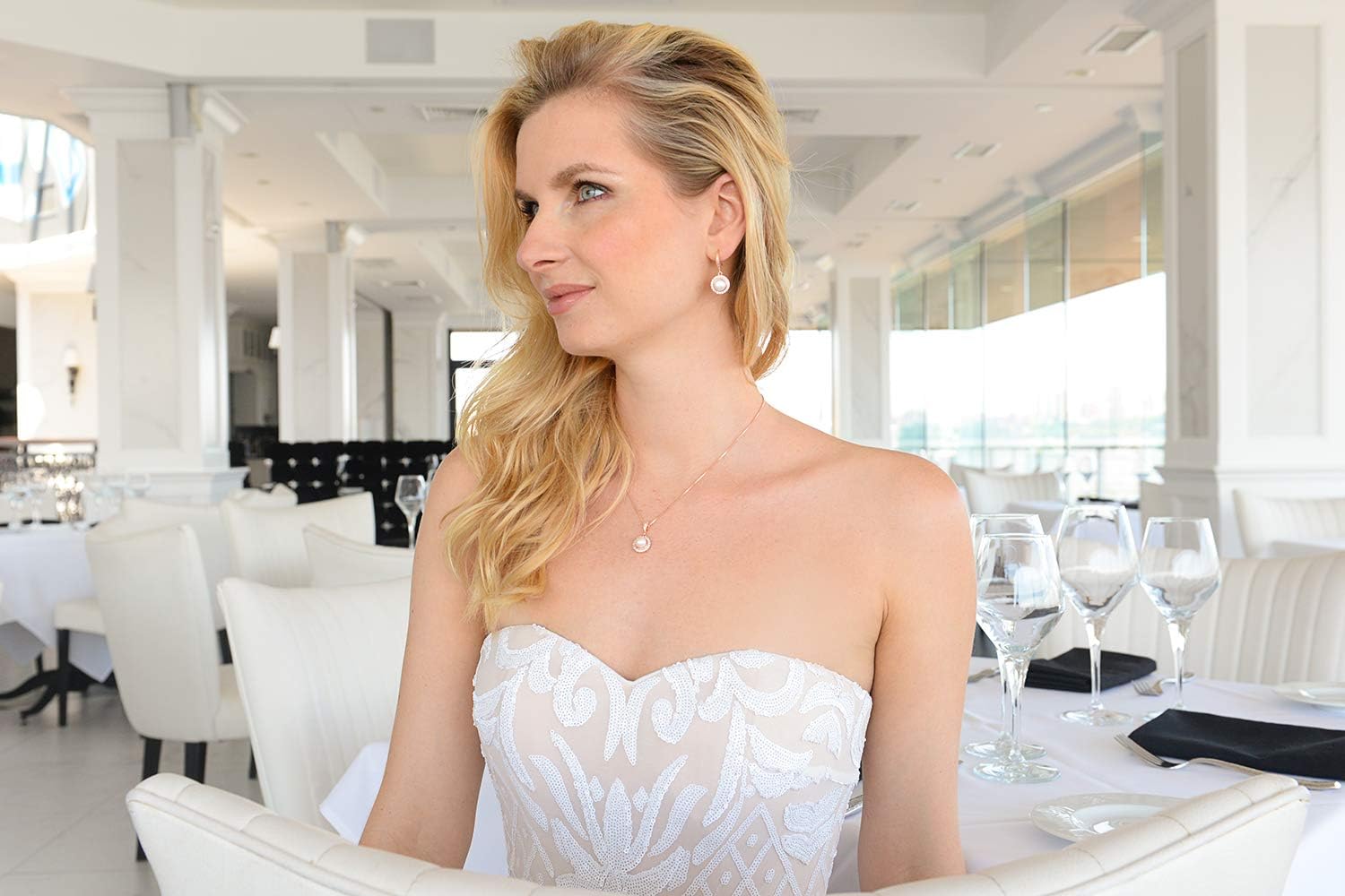 Mariell Pearl Bridal Wedding Necklace & Earrings Jewelry Set for Brides, Bridesmaids, Rose Gold Jewelry