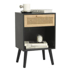 MaxSmeo End Table with Storage Mid Century Nightstand with Rattan Drawer and Shelf, Wood Small Side Coffee Table for Small Space, Living Room and Bedroom, Easy Assembly (Black)