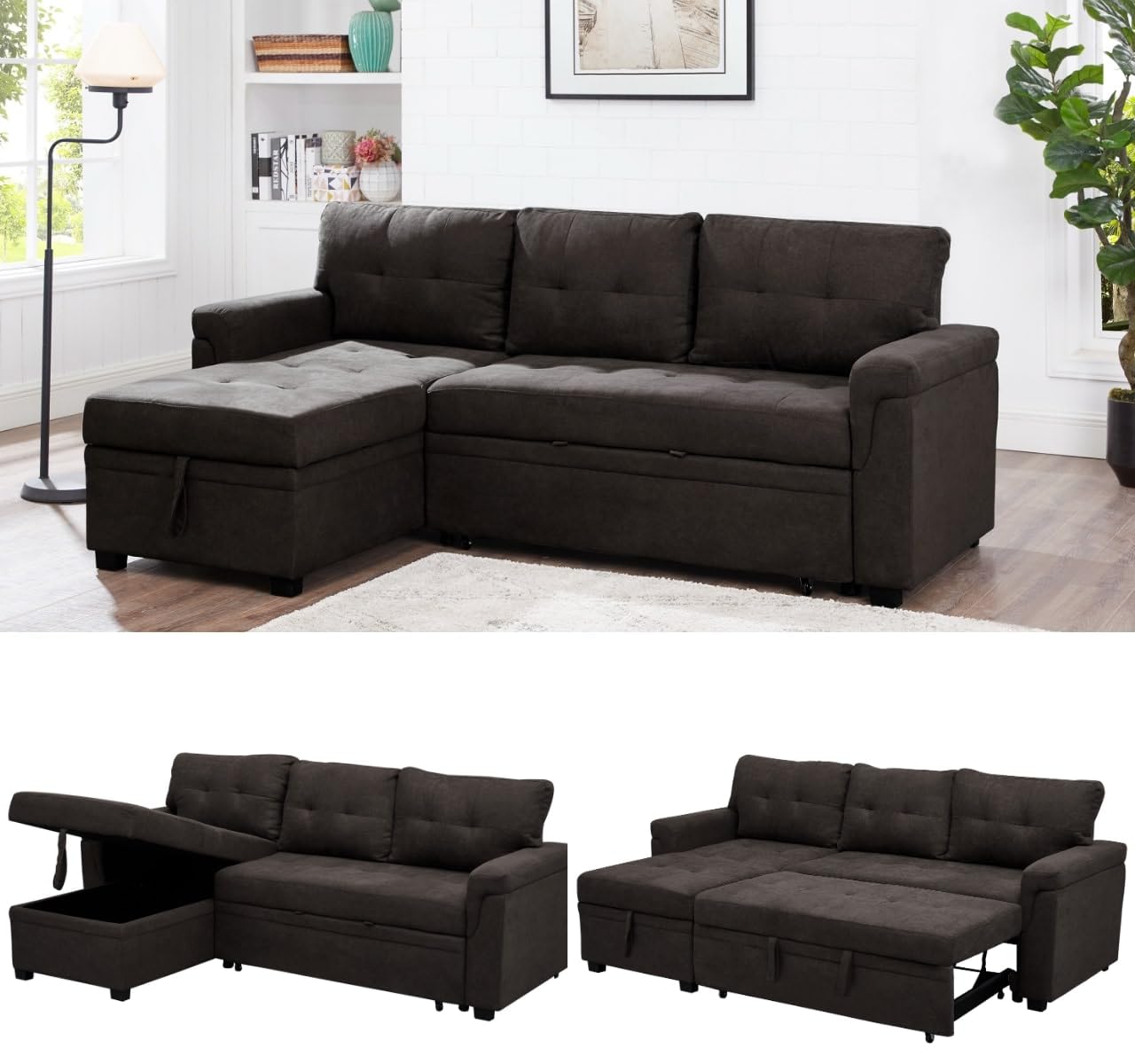 Naomi Home Transform Any Space: Sleeper Sectional Sofa with Convertible Sofa Bed & Inviting Chaise. Find Tranquil Comfort with Stress-Relieving Design & Durable Cushions - Black/Air Leather