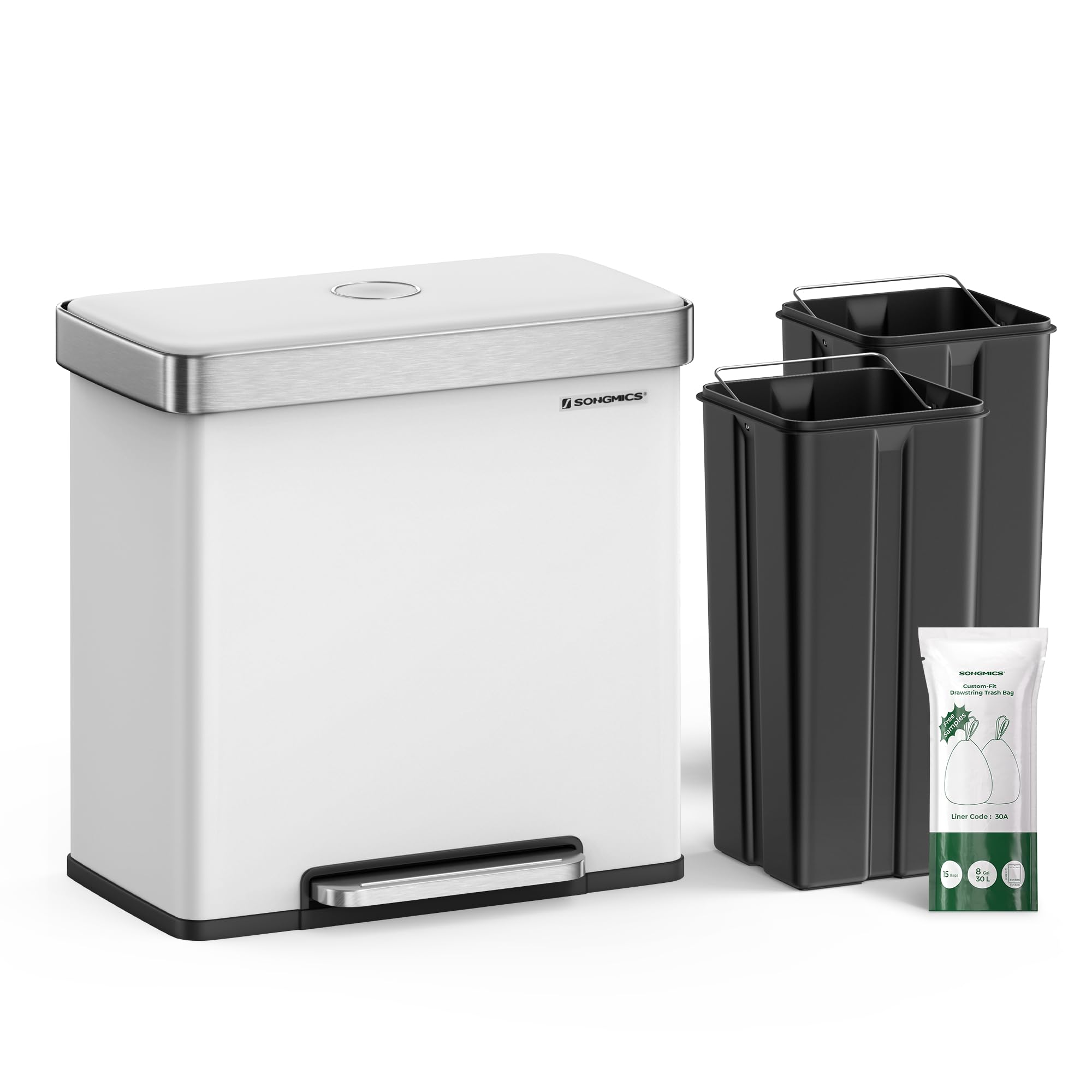 SONGMICS Kitchen Trash Can, 16 Gallon (2 x 8 Gallon) Dual Compartment Garbage Can, 60L Pedal Recycling Bin, Stays Open and Soft Close, Stainless Steel, 15 Bags Included, Metallic Silver ULTB202E01
