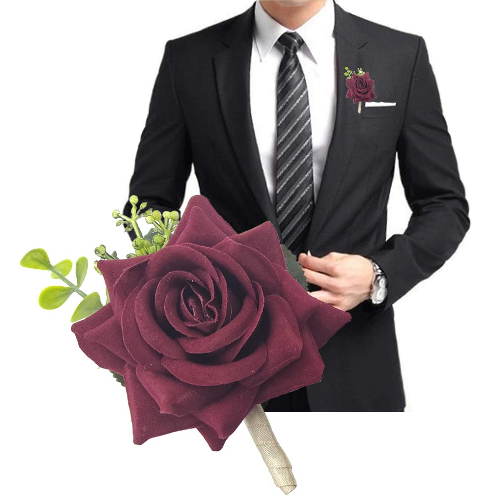 Arlai Wedding Prom Corsage and Boutonniere Set, Rose Wrist Corsage Ribbon Bracelet, Artificial Flower(Burgundy)