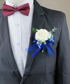 ست گل مچ‌بند و گل سینه MAFELOE با گل‌های رز مصنوعی، لوازم جانبی برای داماد، عروس، ساقدوش‌ها، مهمانی عروسی، مهمانی رقص - آبی سفید، 2 قطعه