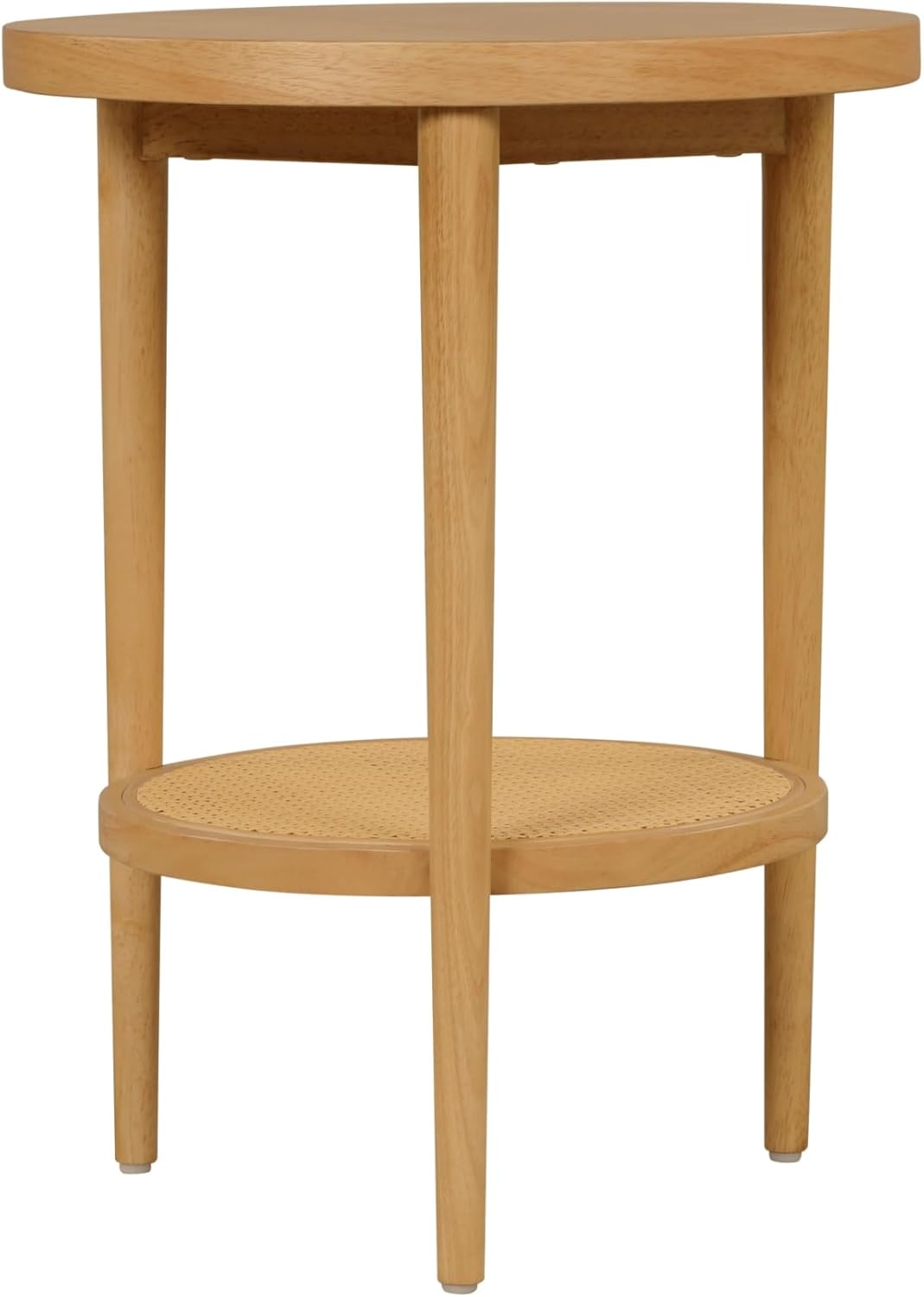 Nathan James Sonia Boho Round Accent End Table, Natural Sofa Side Table in Light Wood with Rattan Storage Shelf for Living Room, Bedroom or Nursery, Light Brown