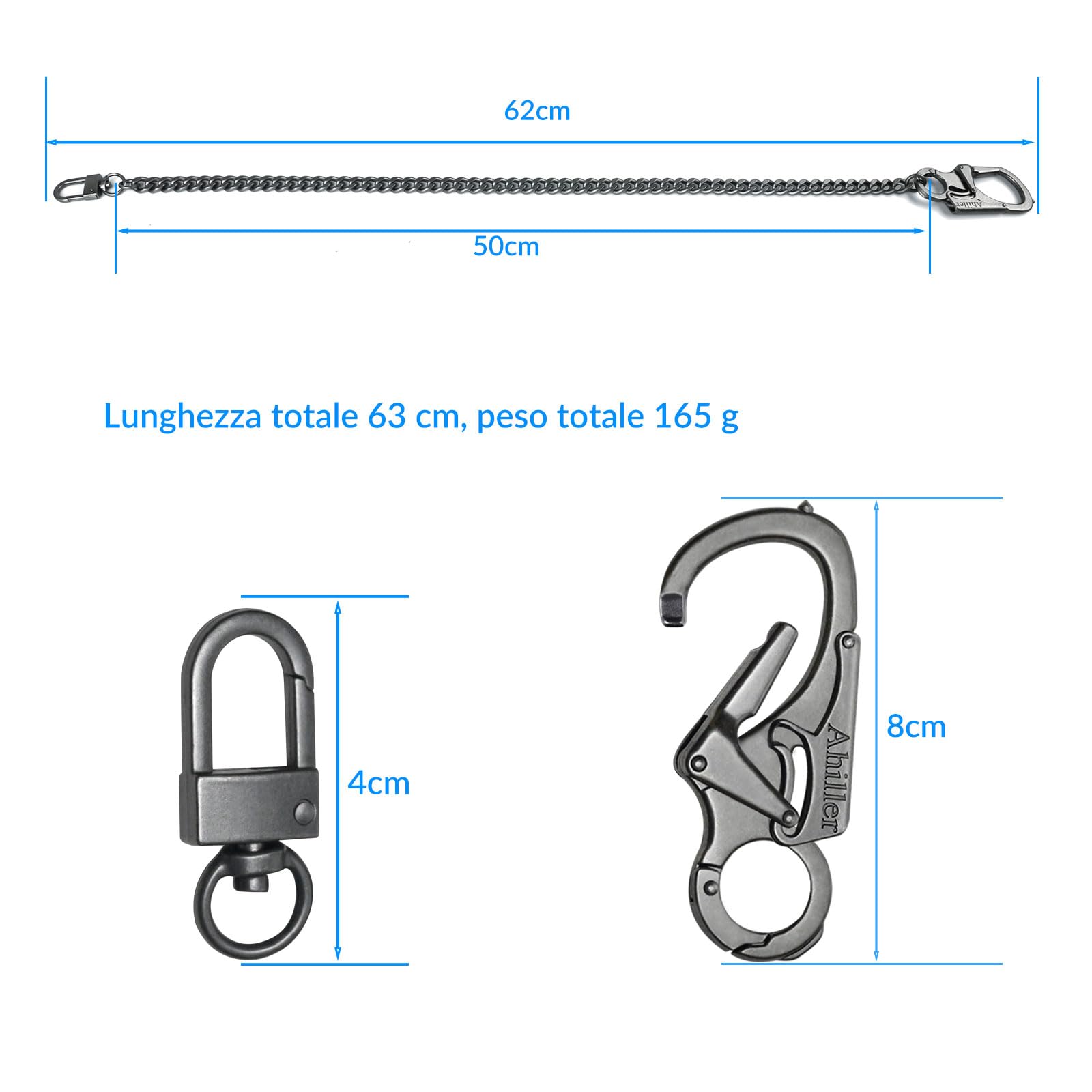 Ahiller pungkæde til mænd, låsbar karabinhage med wolframstålspids, kraftig kæde til nøgle og lomme, bæltekæder (DK-keyclip-Black-1PCS)