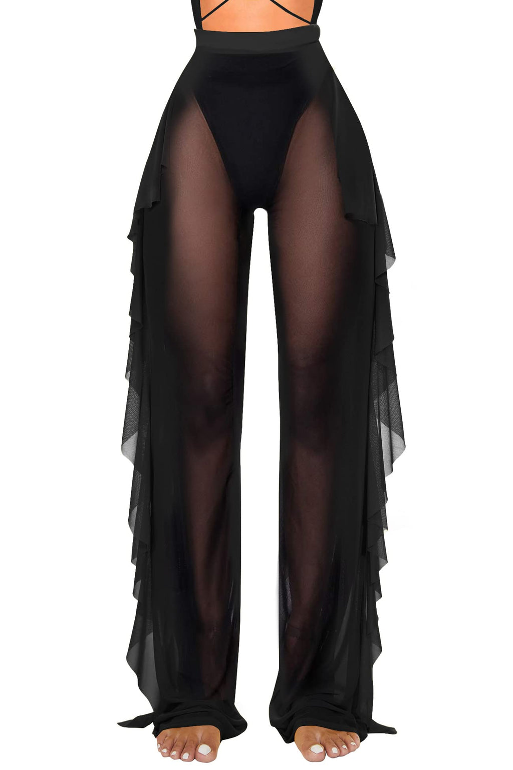 Jumppmile Women's Sexy Ruffle Sheer Mesh Bikini Swimsuit Bathing Wear Cover Up Pants See Through L Black