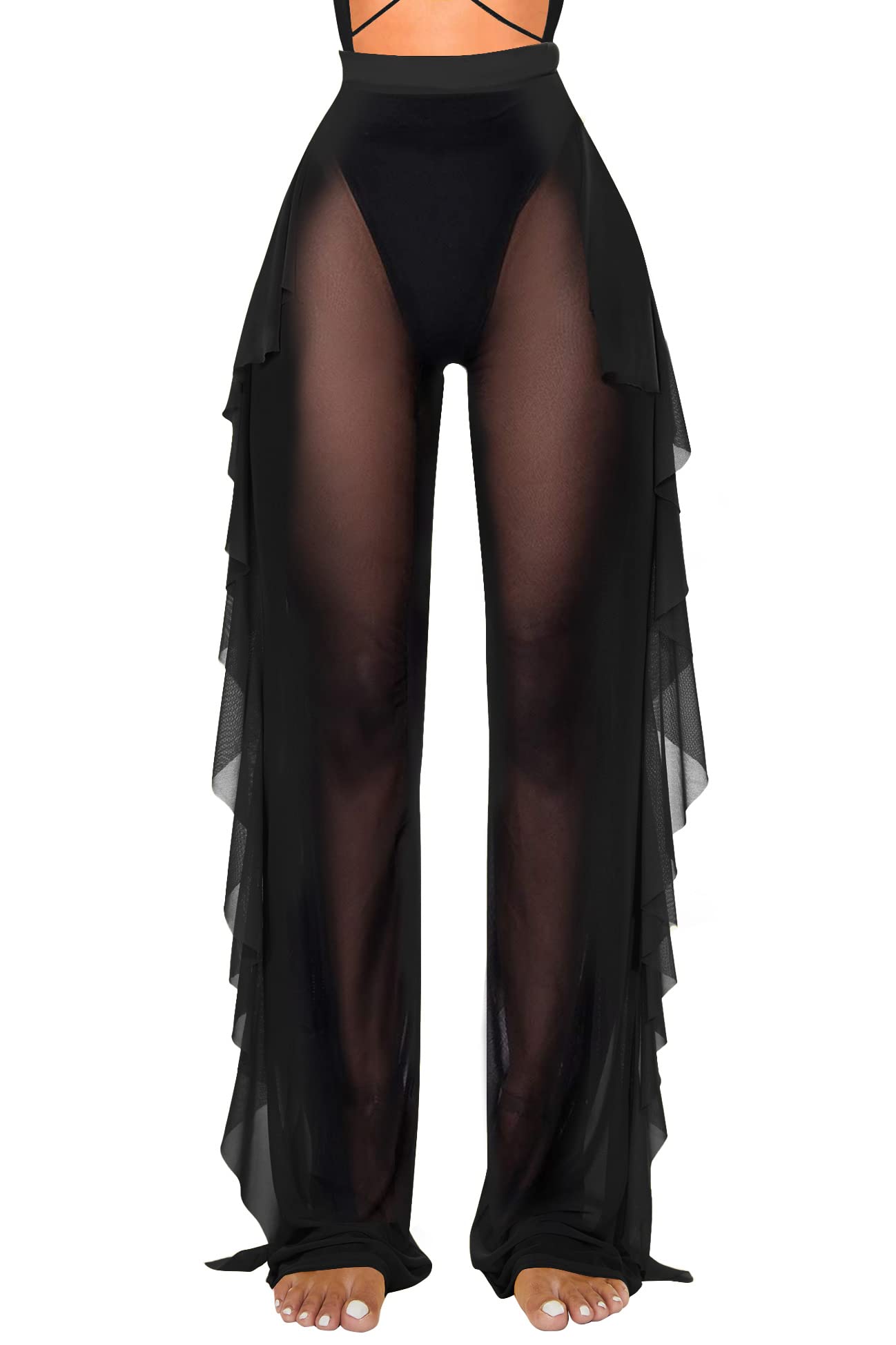 Jumppmile Women's Sexy Ruffle Sheer Mesh Bikini Swimsuit Bathing Wear Cover Up Pants See Through L Black