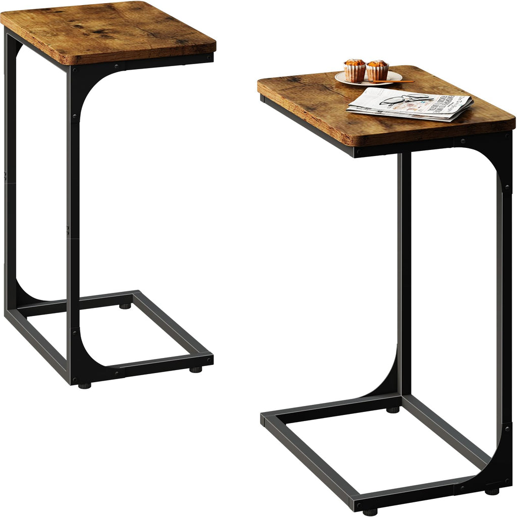 QEEIG Narrow C Shaped Side Table Set of 2 Living Room Sets Slim Couch Tray Tables Skinny Thin Small Farmhouse 7 inch Width, Rustic Brown (017-18BN)