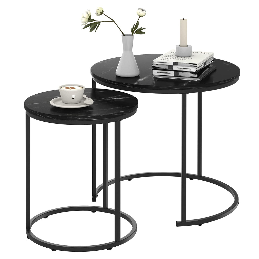 Garden 4 you Nesting Coffee Table, 23.6" Round Coffee Table Set of 2, Wooden Nesting Table Set with Metal Frame, Side Tables for Living Room Bedroom Balcony, Grey