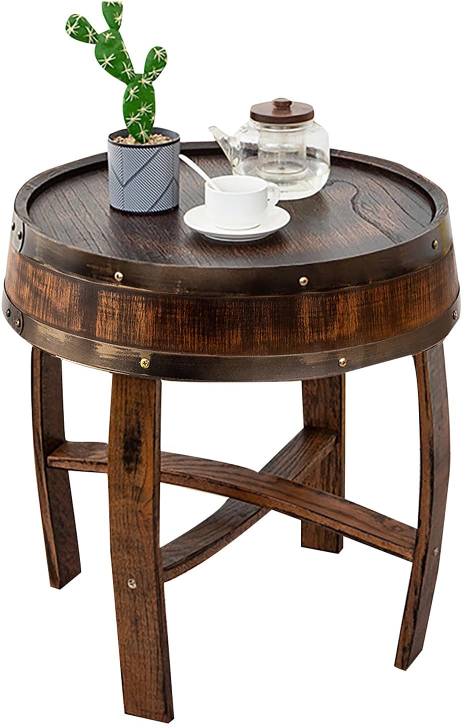 Farmhouse Whiskey Barrel End Table,Round Wood Barrel Side Table,Rusitc Wine Barrel Bourbon Barrel Coffee Table Handcrafted Oak Barrel Decor Furniture