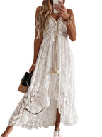 CUPSHE Women's Summer Dresses Sleeveless Lace Casual Tassel Beach Spaghetti Straps Plus Size Maxi Sun Dress White, XXL