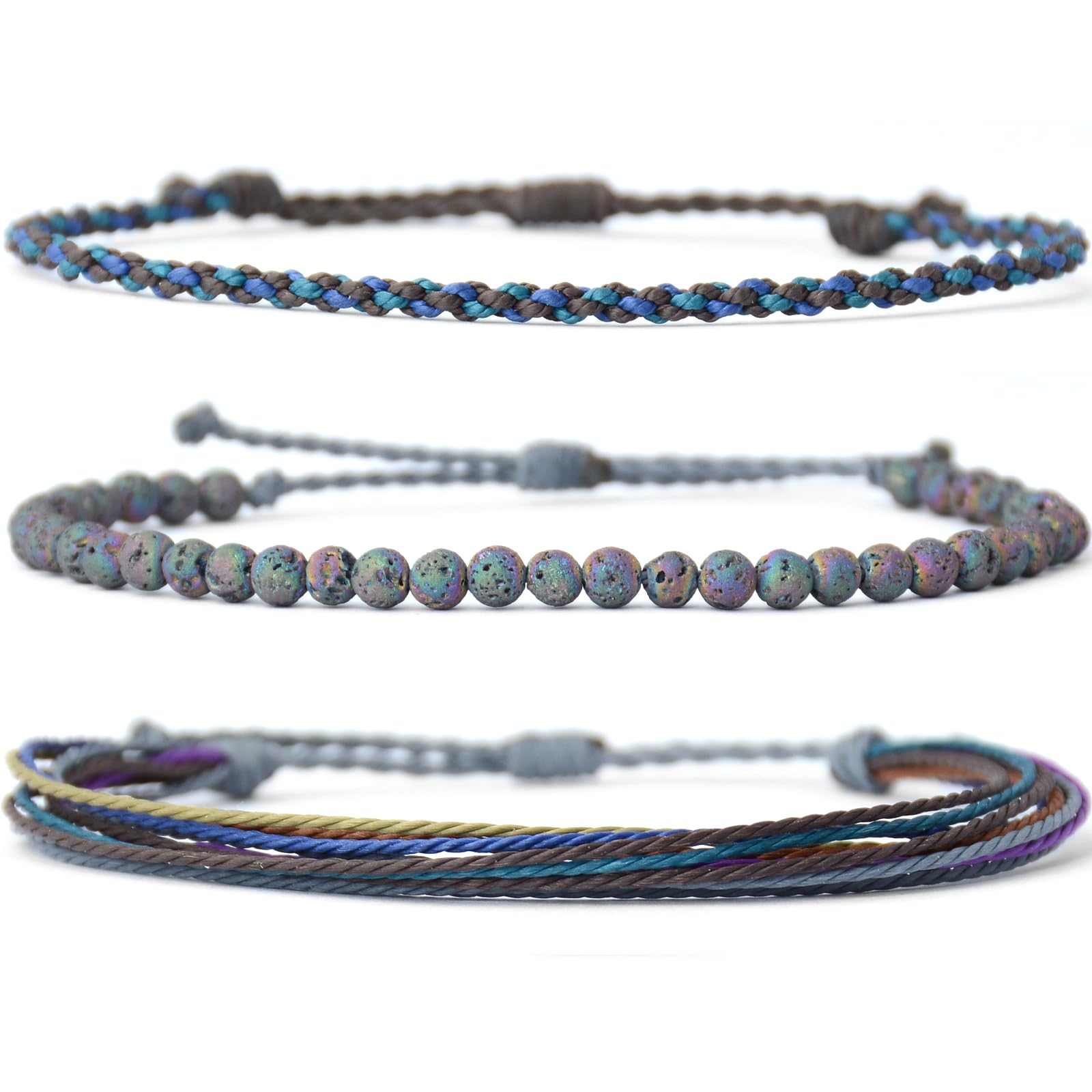 Handmade Natural Stone Beaded Healing Bracelet Gift for Men Adjustable Rope String Bracelet (Lava Rock, Adjustable)