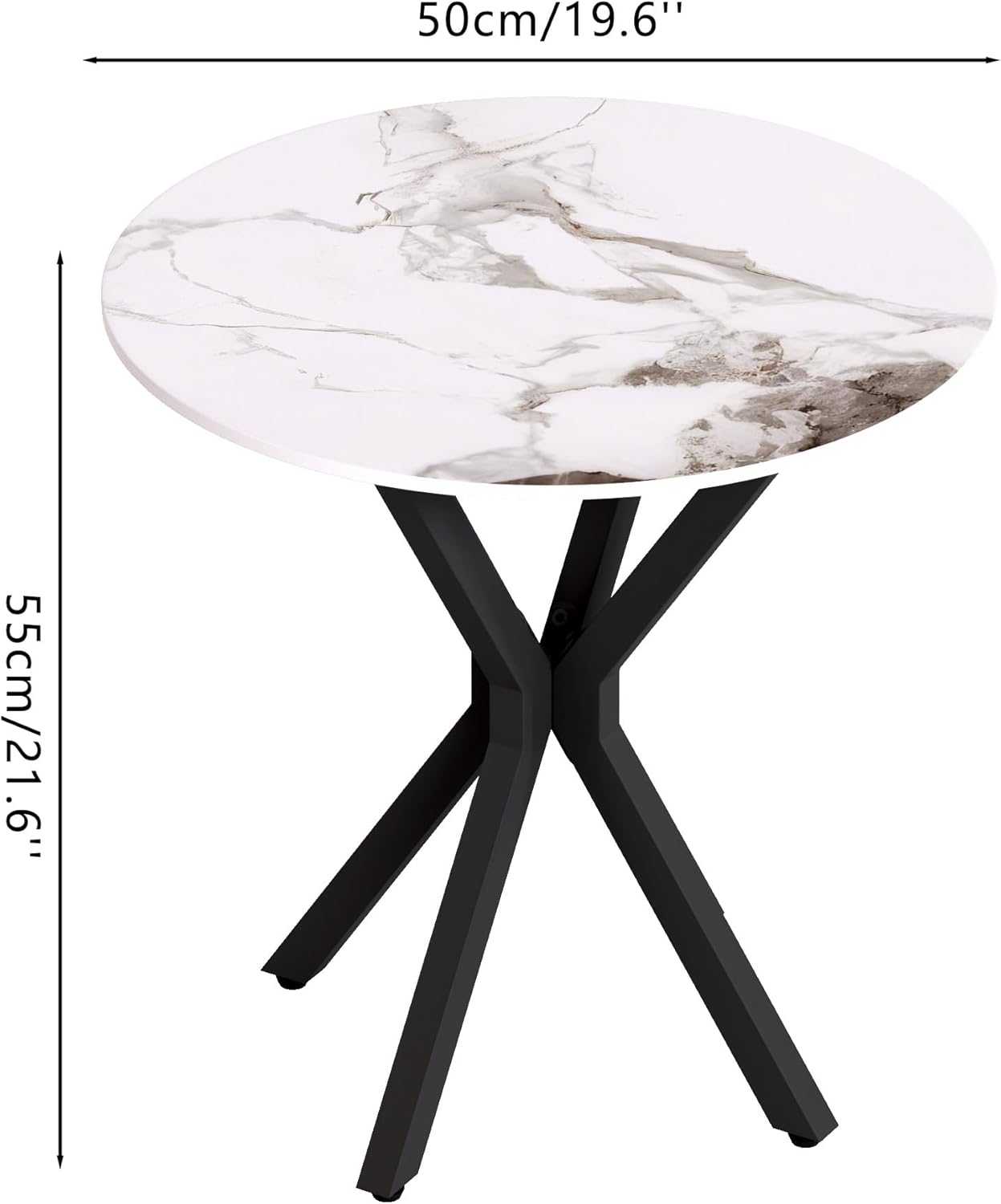 Round Marble Side Table Set of 2, Modern Style End Table with Sintered Stone Top and Black Metal Legs, Small Sofa Coffee Table for Living Room Bedroom (White, 20" x 20 "x 22")
