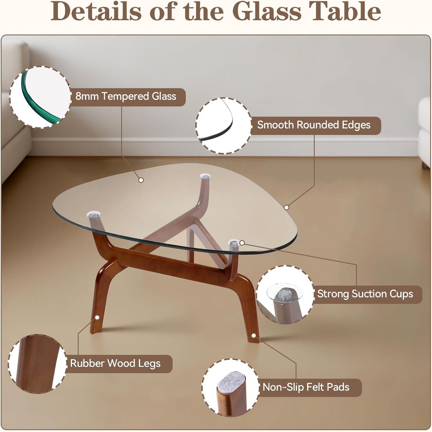 Glass Coffee Tables for Living Room, Triangle Coffee Table with Non-Tip Rubber Wood Base, Morden Tea Table with Tempered Glass Top | Perfect for Homes with Kids/Pets, Office, Apartment (Brown)