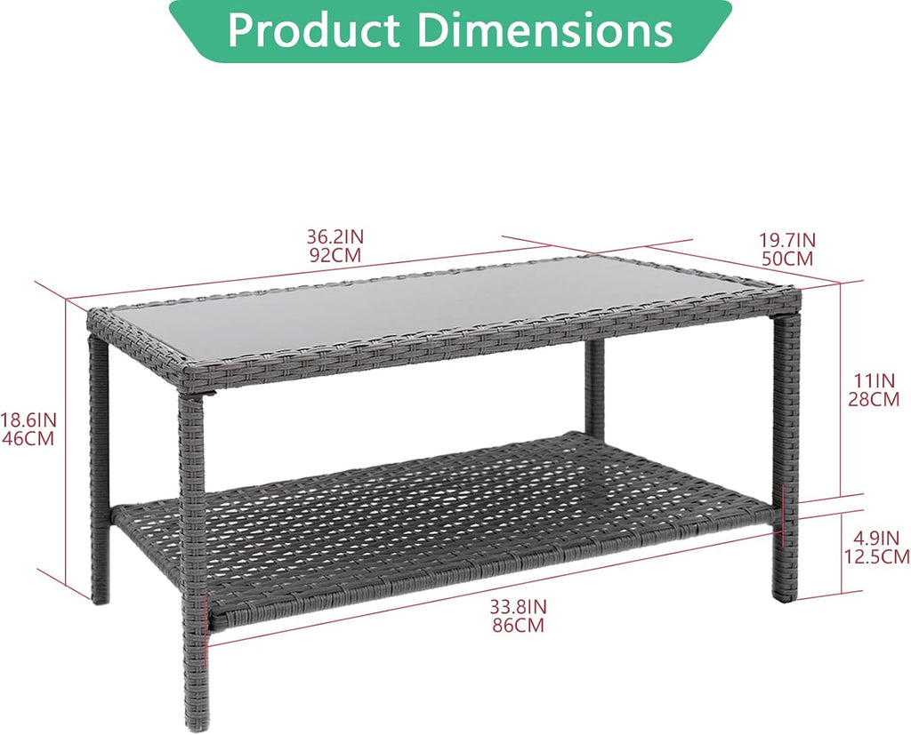 Helios&Hestia Rectangle All Weather Rattan Wicker Outdoor Coffee Side End Table with Glass Top for Patio, Deck, Backyard, Garden, Grey
