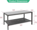 Helios&Hestia Rectangle All Weather Rattan Wicker Outdoor Coffee Side End Table with Glass Top for Patio, Deck, Backyard, Garden, Grey