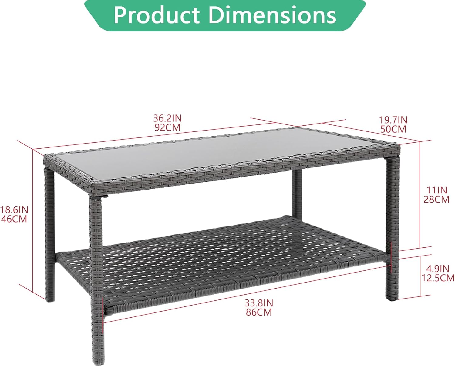 Helios&Hestia Rectangle All Weather Rattan Wicker Outdoor Coffee Side End Table with Glass Top for Patio, Deck, Backyard, Garden, Grey